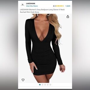 LAGSHIAN Women's Sexy Bodycon Long Sleeve V Neck Ruched Mini Club Dress size M